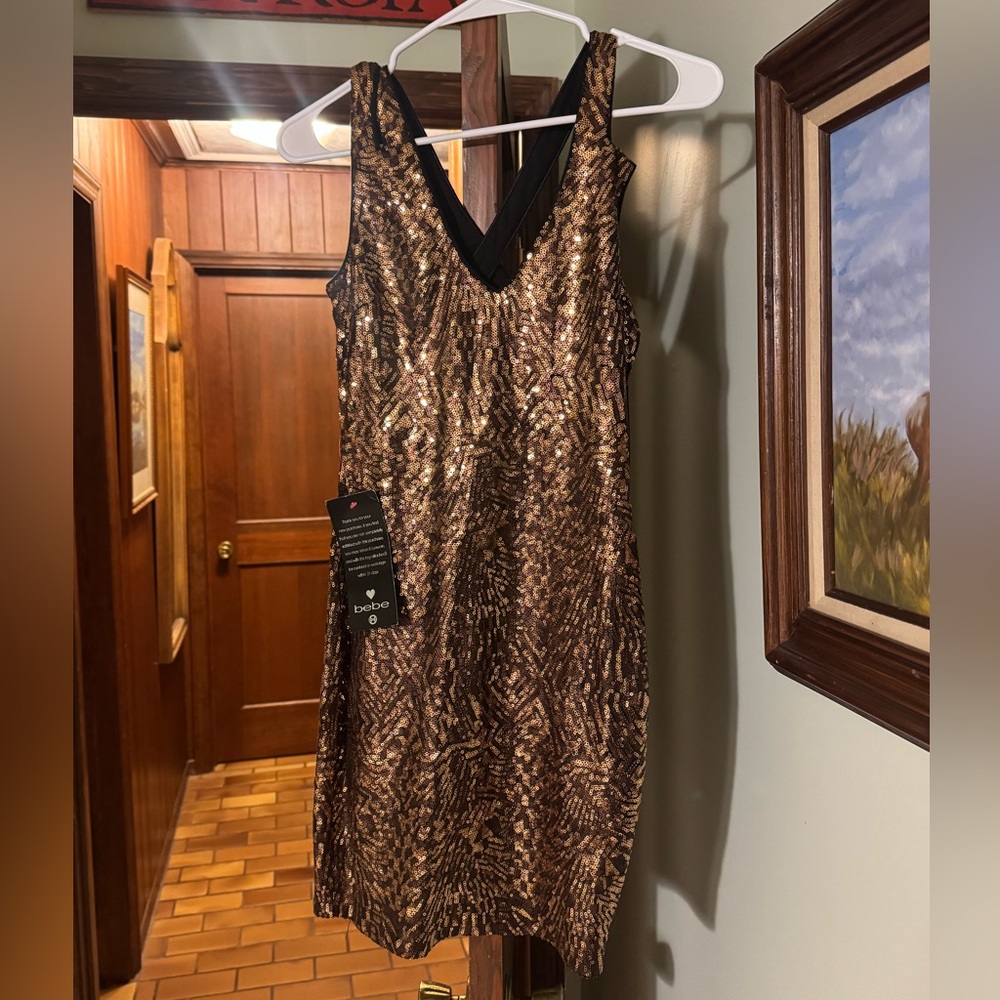 Bebe Bronze Sequin Backless Dress